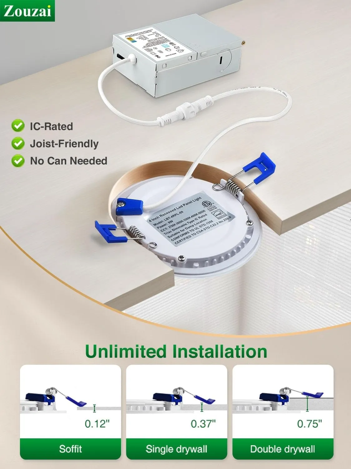 zouzai 12 Pack 4 Inch 5CCT Reset 6000k/5000k/4000k/3000k/2700k Ultra-Thin LED Recessed Ceiling Light with Junction Box, 9W Eqv 80W, Dimmable, led can Lights - ETL and Energy Star Certified