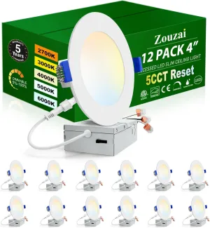 zouzai 12 Pack 4 Inch 5CCT Reset 6000k/5000k/4000k/3000k/2700k Ultra-Thin LED Recessed Ceiling Light with Junction Box, 9W Eqv 80W, Dimmable, led can Lights - ETL and Energy Star Certified