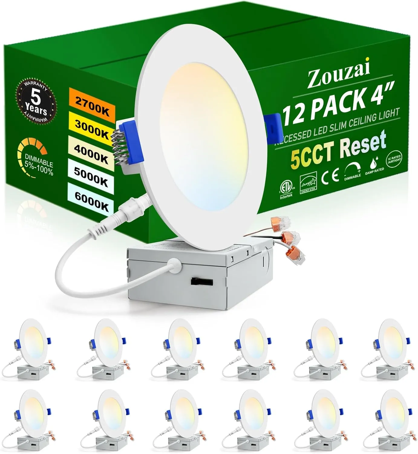 zouzai 12 Pack 4 Inch 5CCT Reset 6000k/5000k/4000k/3000k/2700k Ultra-Thin LED Recessed Ceiling Light with Junction Box, 9W Eqv 80W, Dimmable, led can Lights - ETL and Energy Star Certified