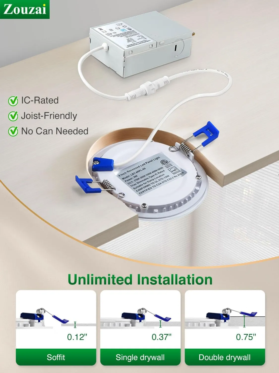 zouzai 12 Pack 6 Inch Ultra-Thin LED Recessed Ceiling Light with Junction Box, 5000K Daylight, 12W Eqv 110W, Dimmable Canless Wafer Downlight, 1080LM High Brightness, ETL and Energy Star Certified