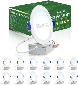 zouzai 12 Pack 6 Inch Ultra-Thin LED Recessed Ceiling Light with Junction Box, 5000K Daylight, 12W Eqv 110W, Dimmable Canless Wafer Downlight, 1080LM High Brightness, ETL and Energy Star Certified