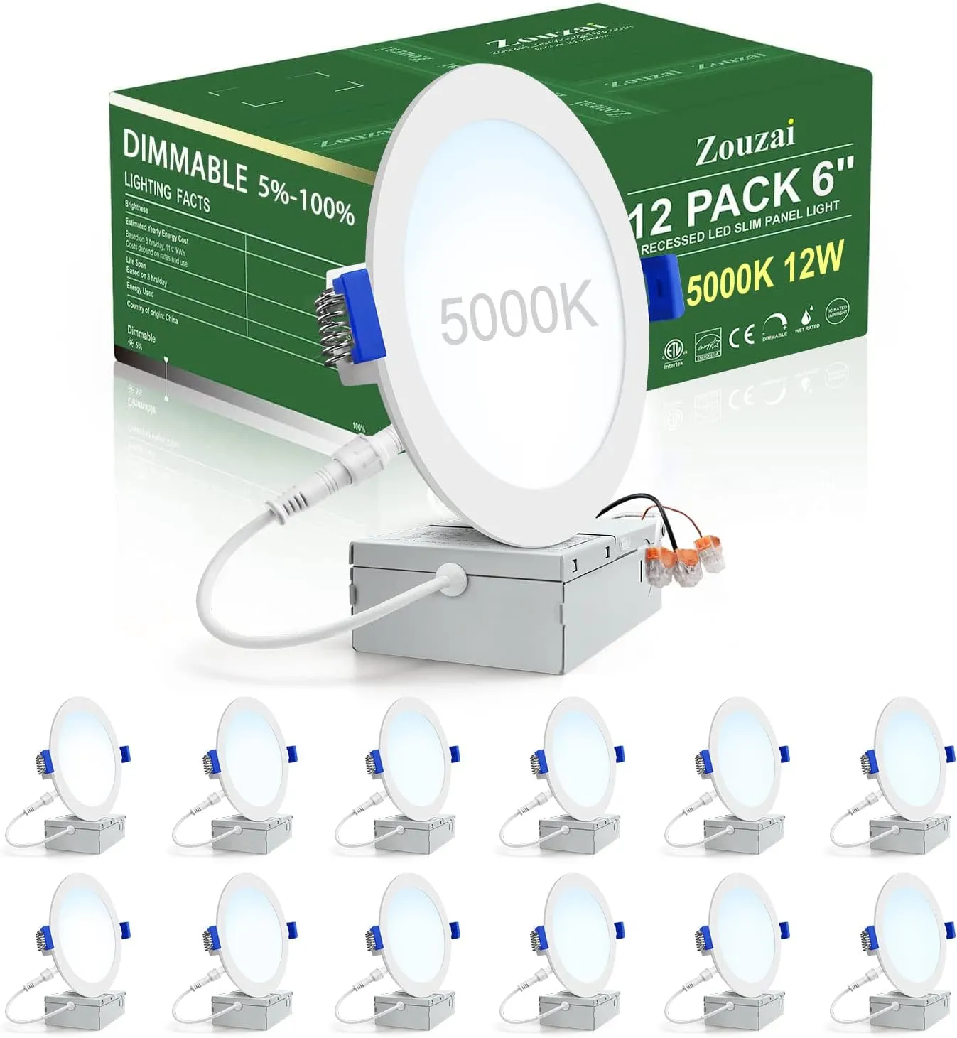 zouzai 12 Pack 6 Inch Ultra-Thin LED Recessed Ceiling Light with Junction Box, 5000K Daylight, 12W Eqv 110W, Dimmable Canless Wafer Downlight, 1080LM High Brightness, ETL and Energy Star Certified