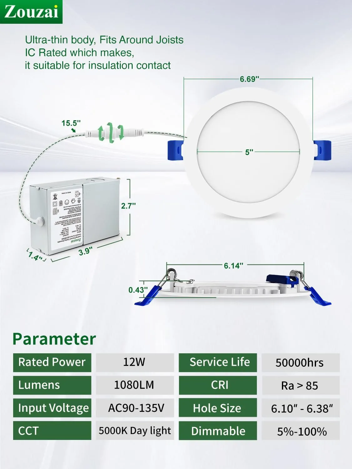 zouzai 12 Pack 6 Inch Ultra-Thin LED Recessed Ceiling Light with Junction Box, 5000K Daylight, 12W Eqv 110W, Dimmable Canless Wafer Downlight, 1080LM High Brightness, ETL and Energy Star Certified