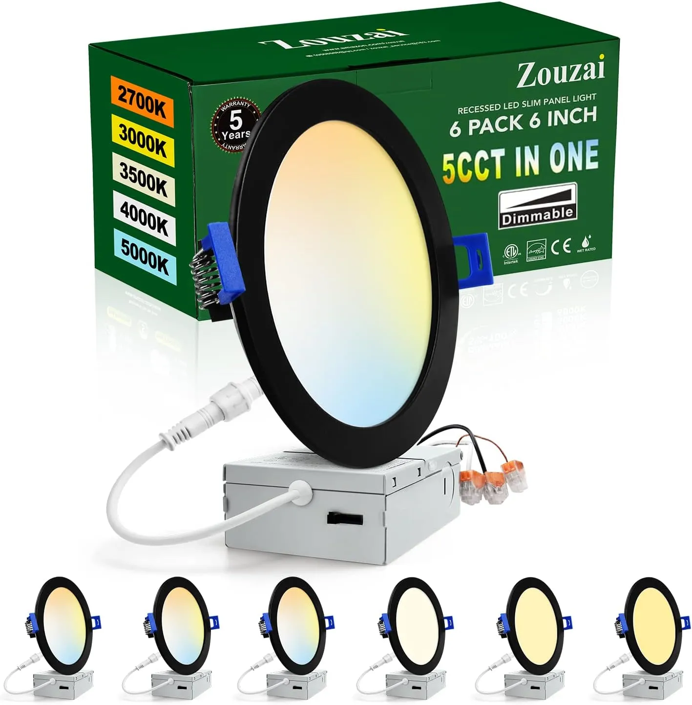 zouzai 6 Pack 6 Inch Black 5CCT Ultra-Thin LED Recessed Ceiling Light with Junction Box 2700K/3000K/3500K/4000K/5000K Selectable, 12W Dimmable, led can Lights ETL and Energy Star Certified