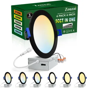 zouzai 6 Pack 6 Inch Black 5CCT Ultra-Thin LED Recessed Ceiling Light with Junction Box 2700K/3000K/3500K/4000K/5000K Selectable, 12W Dimmable, led can Lights ETL and Energy Star Certified